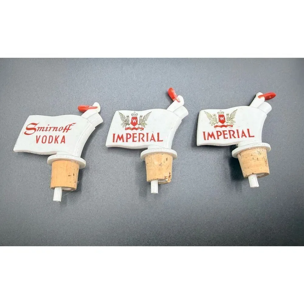 Mid-Century Advertising Liquor Bottle Pourers Plastic Barware, Seagrams, Imperia